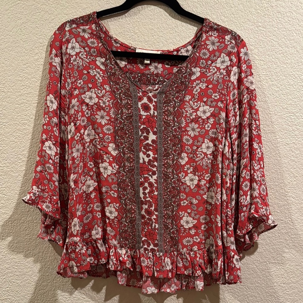 Cynthia Rowley Red and Cream Flutter Sleeve Blouse